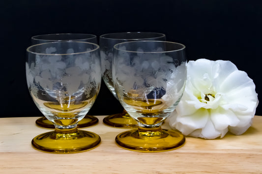 Vintage Etched Grape Vine Pattern Shot /Liqueur Glasses With An Amber Base