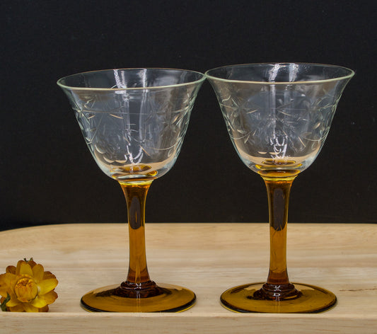 Vintage Amber Stemmed Cut Floral Design Port/Liquor Glasses