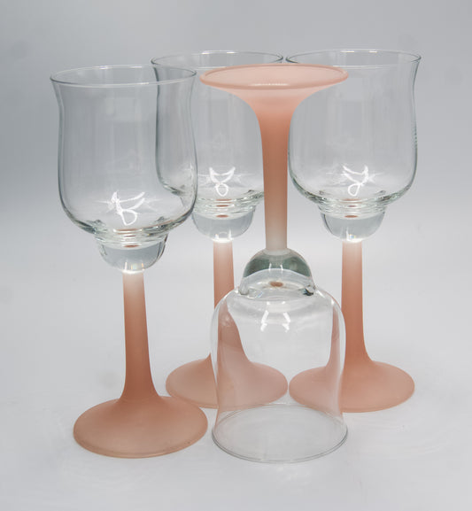 Vintage Frosted Pink Stemmed Tulip Shaped Wine Glasses