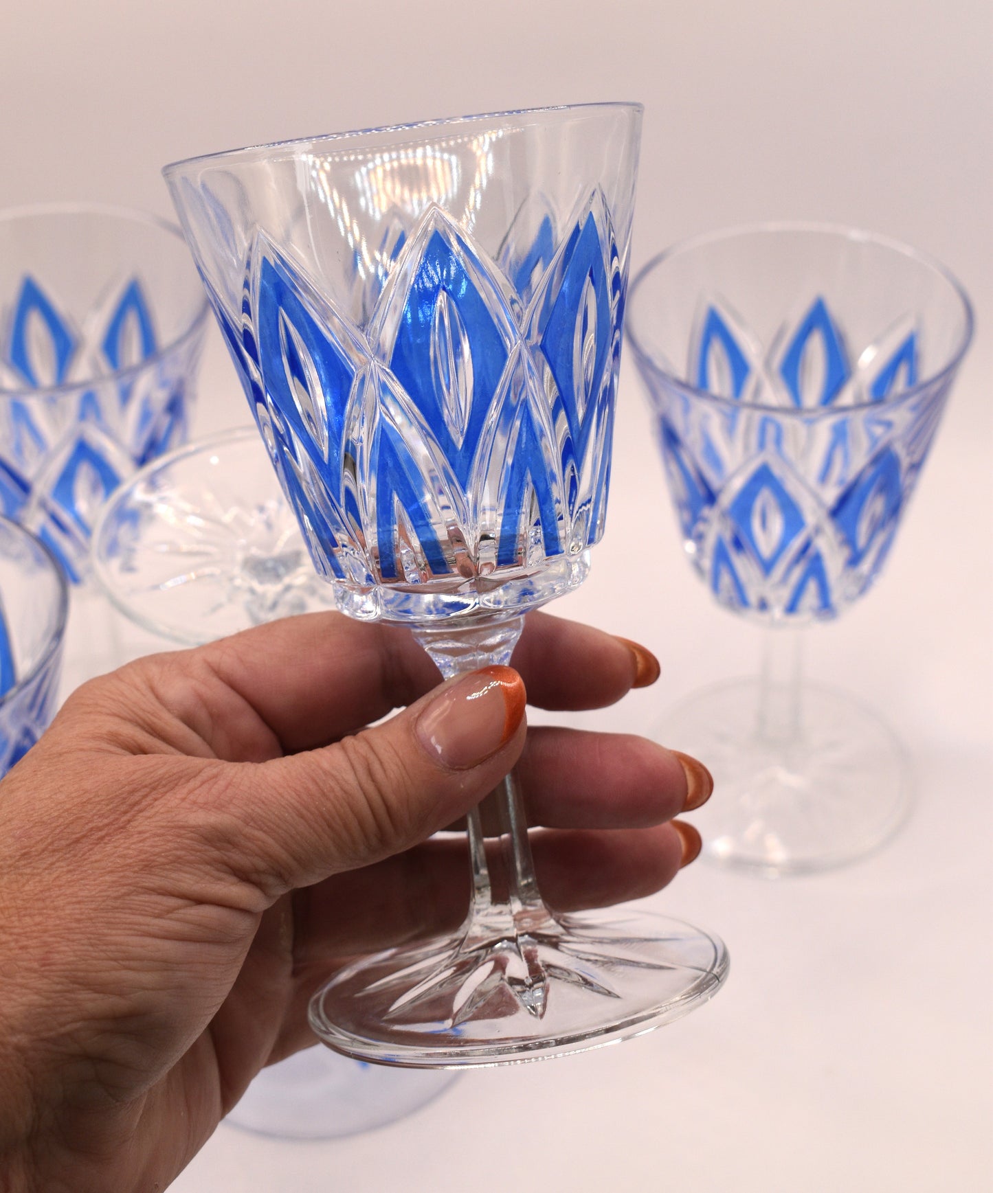 VMC Reims France blue diamond cut water goblets/glasses. Set of 6