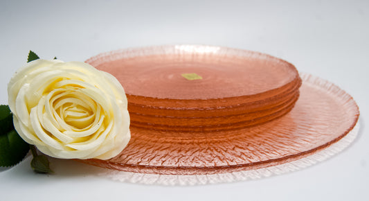 Vintage  French Arcoroc Spirale ammonite FossilPink Glass Dessert Plate Set