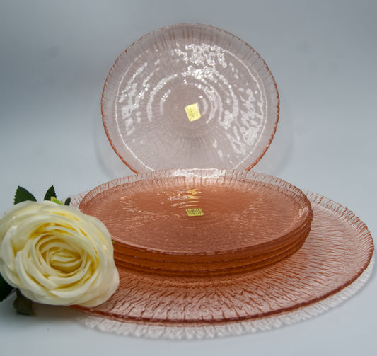 Vintage  French Arcoroc Spirale ammonite FossilPink Glass Dessert Plate Set