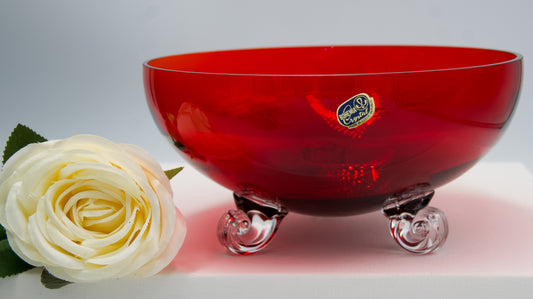Vintage Bohemian Red Ruby Crystal Bowl with Swirled Clear Feet