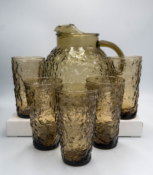 Vintage Anchor HockingLido Milano Smoke Brown Ball Pitcher and Glasses