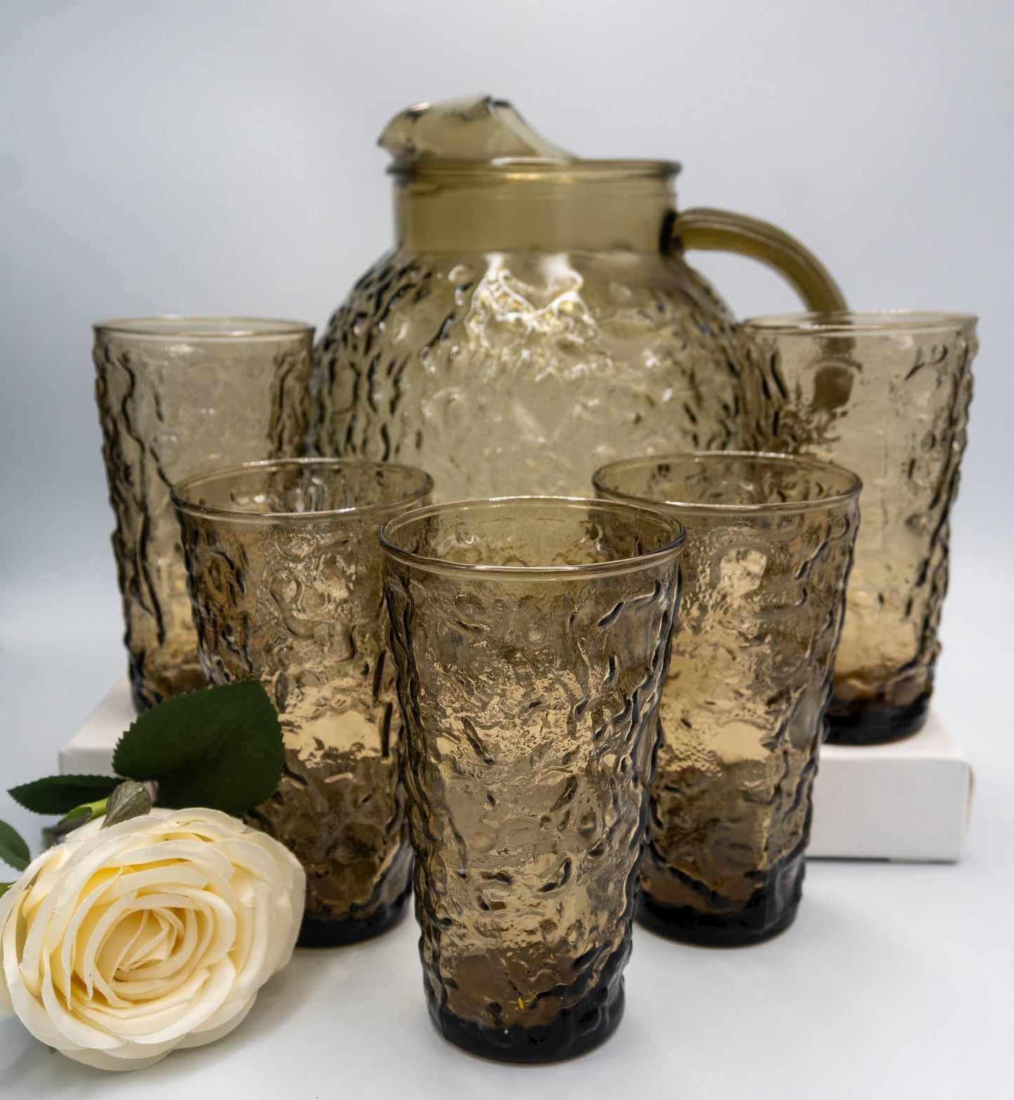 Vintage Anchor HockingLido Milano Smoke Brown Ball Pitcher and Glasses