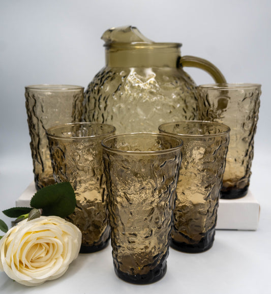 Vintage Anchor HockingLido Milano Smoke Brown Ball Pitcher and Glasses