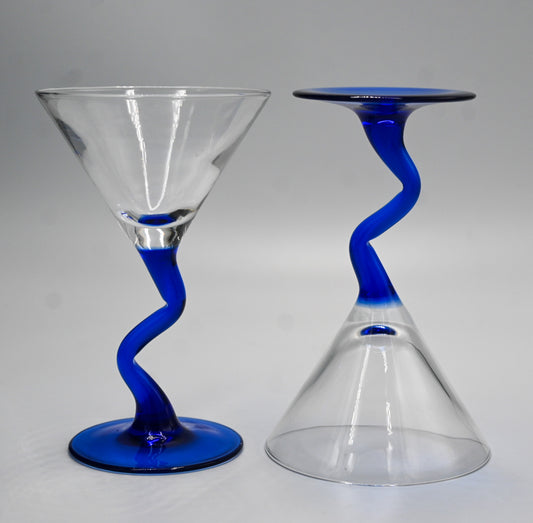 Set of 2 ZigZag Blue Stemmed Martini Glasses