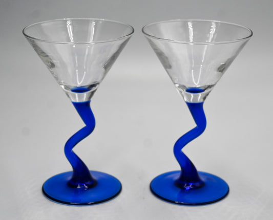 Set of 2 ZigZag Blue Stemmed Martini Glasses