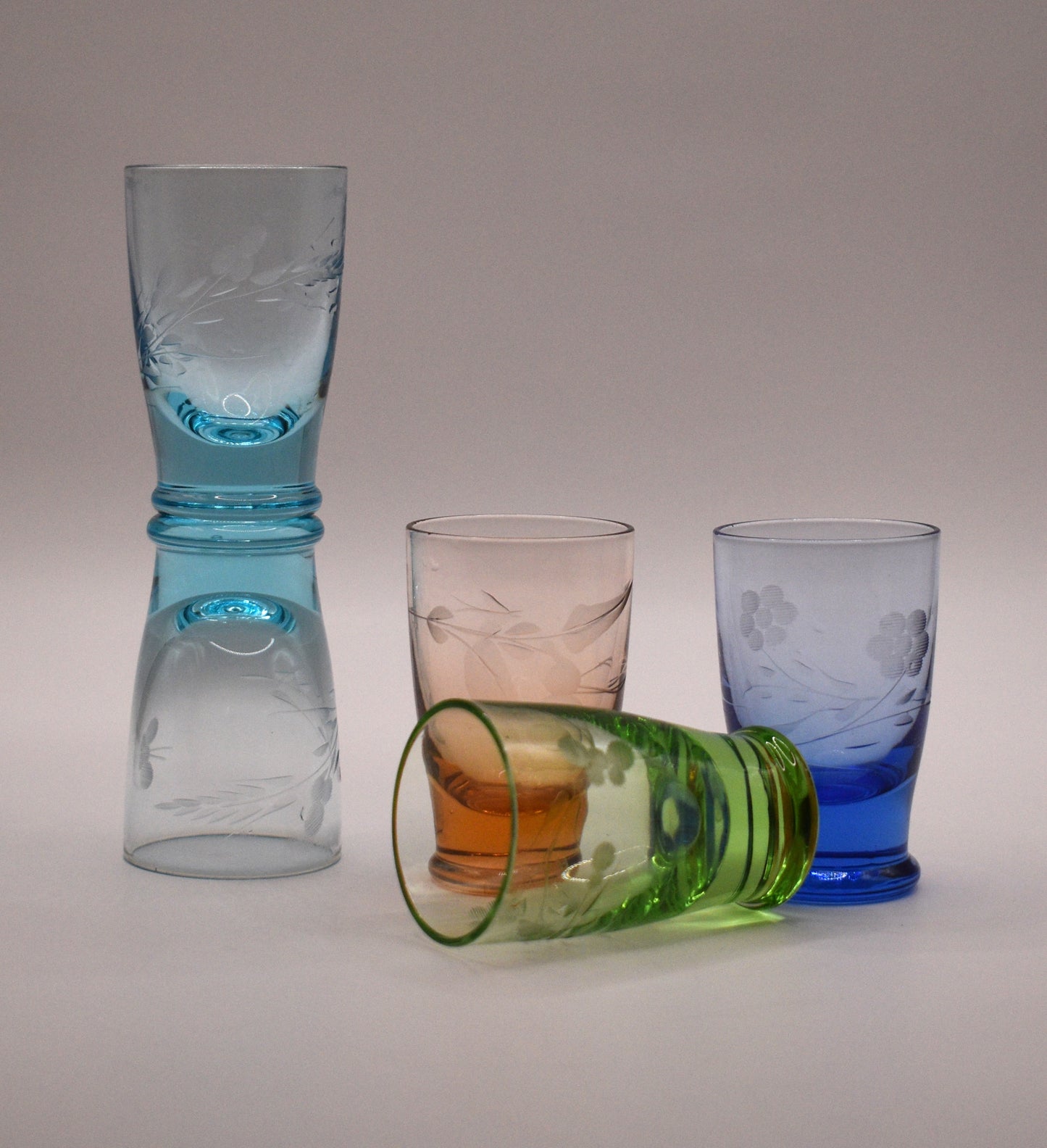 Coloured etched shot glasses. Set of 5