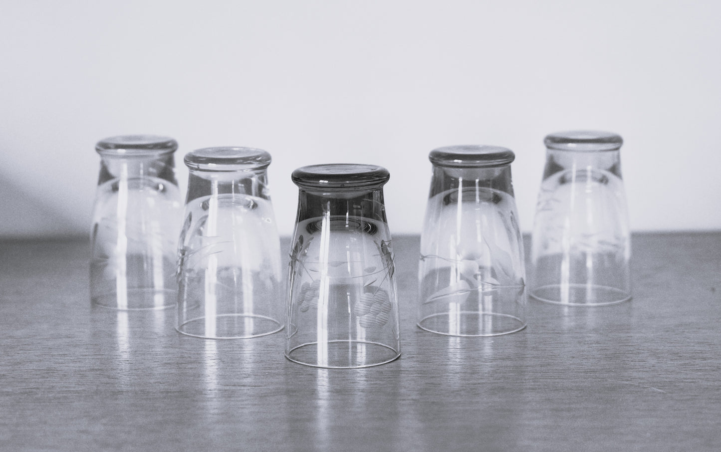 Coloured etched shot glasses. Set of 5