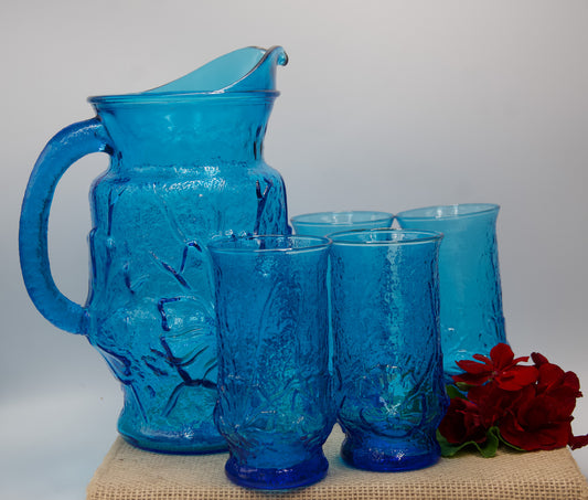 Anchor Hocking Rainflower Blue Pitcher And Glasses