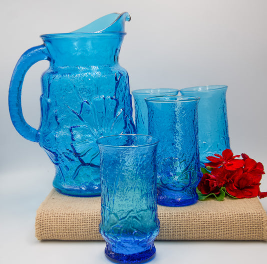 Anchor Hocking Rainflower Blue Pitcher And Glasses