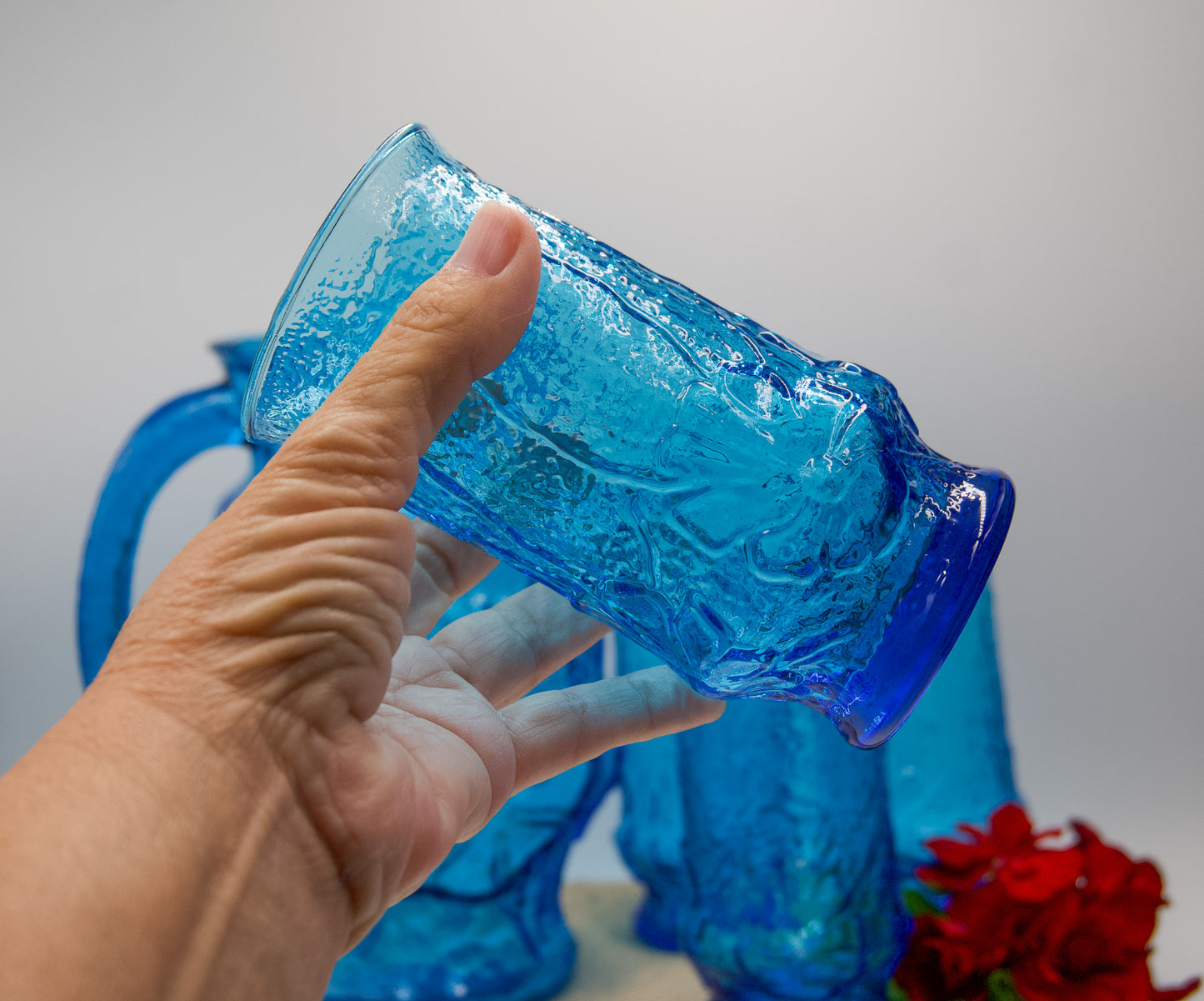 Anchor Hocking Rainflower Blue Pitcher And Glasses