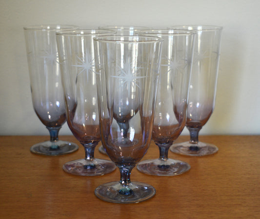 Vintage Crown Corning Atomic Starburst Blue/Pink Parfait/Champagne Glasses Stemware. 1970's - Set of 6