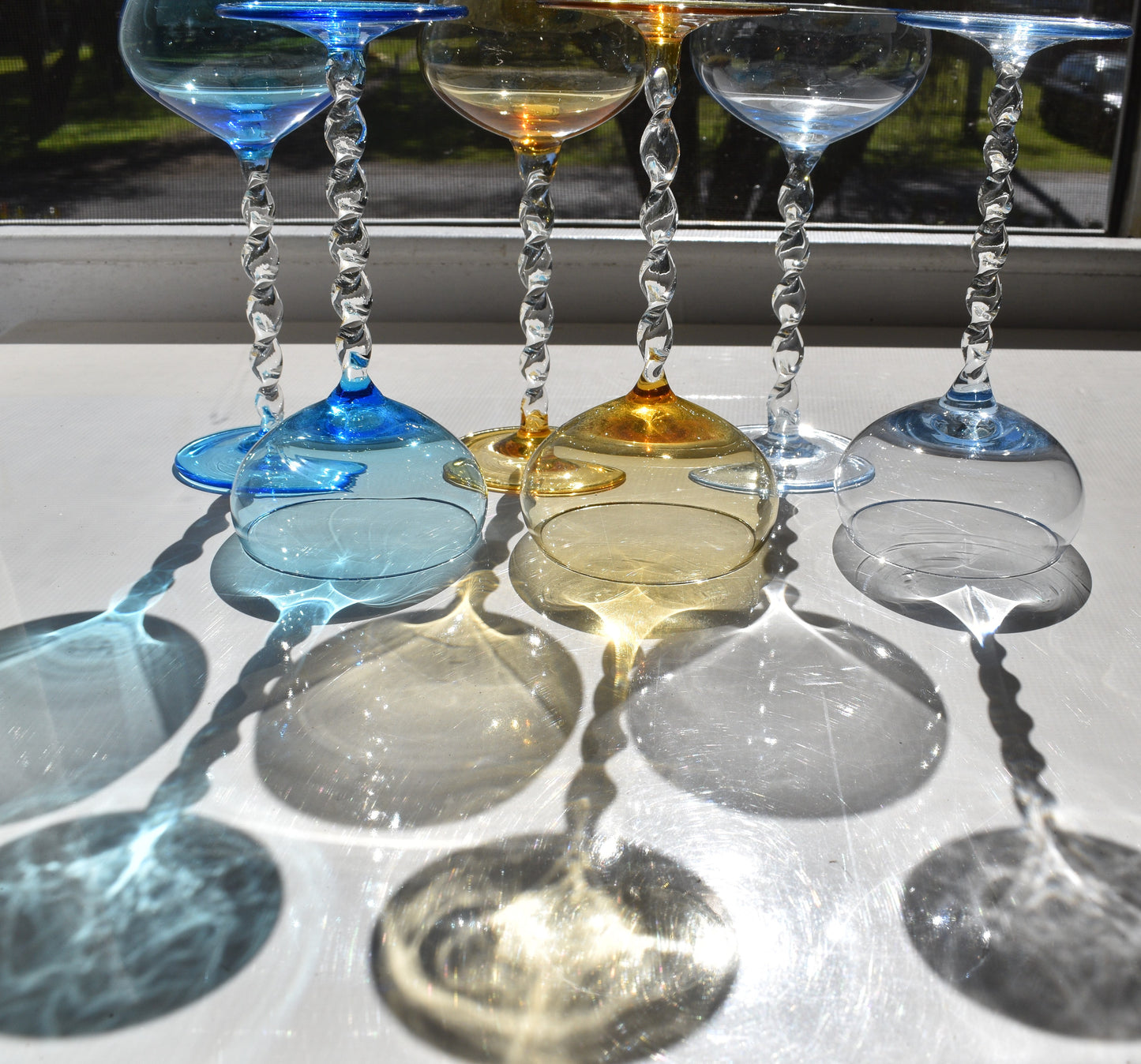 Vintage coloured Twist Stem Glasses. Set of 6