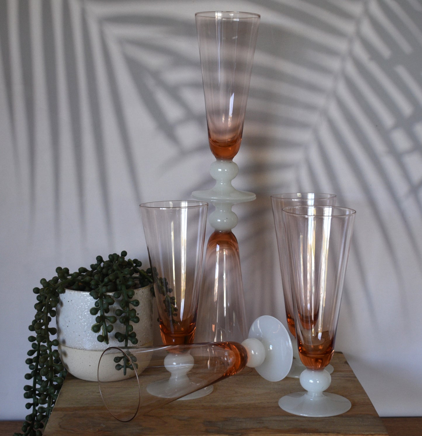 Vintage Coloured Champagne/Parfait Glasses with white ball stem and foot. Set of 6