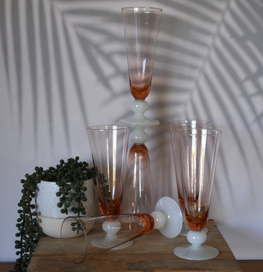 Vintage Coloured Champagne/Parfait Glasses with white ball stem and foot. Set of 6