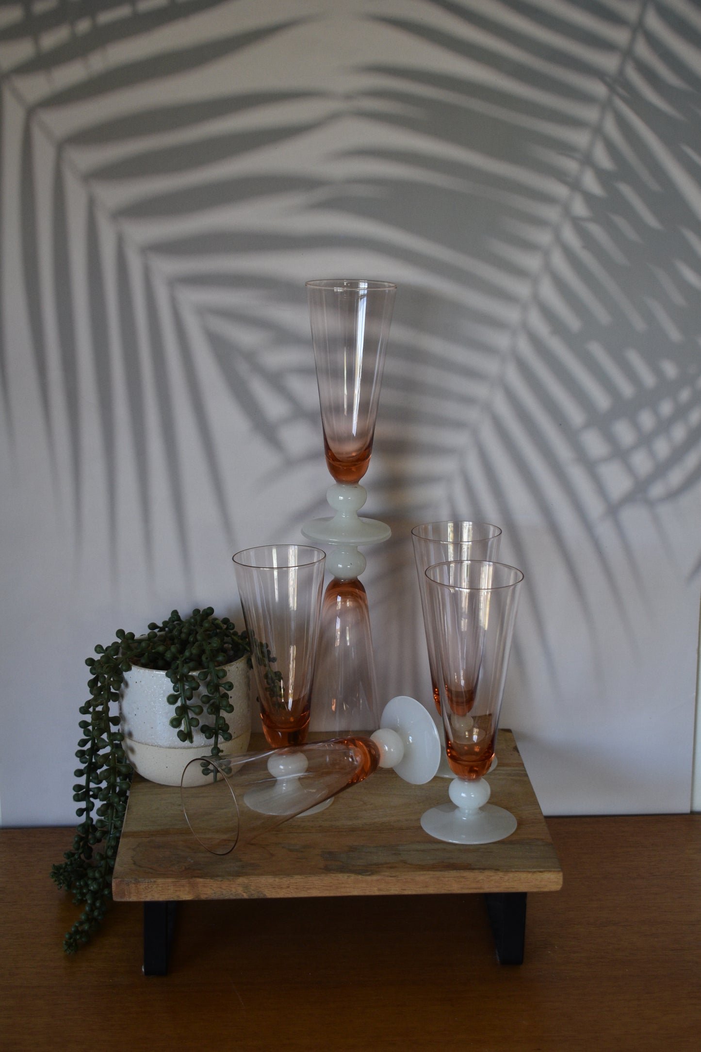 Vintage Coloured Champagne/Parfait Glasses with white ball stem and foot. Set of 6