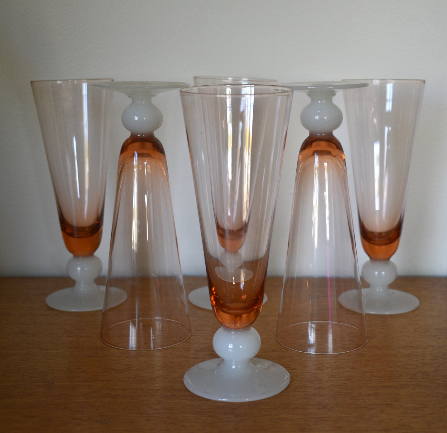 Vintage Coloured Champagne/Parfait Glasses with white ball stem and foot. Set of 6