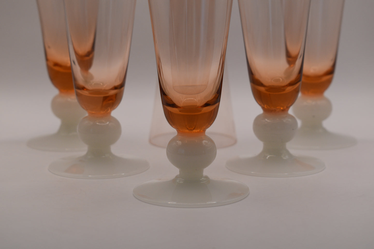 Vintage Coloured Champagne/Parfait Glasses with white ball stem and foot. Set of 6