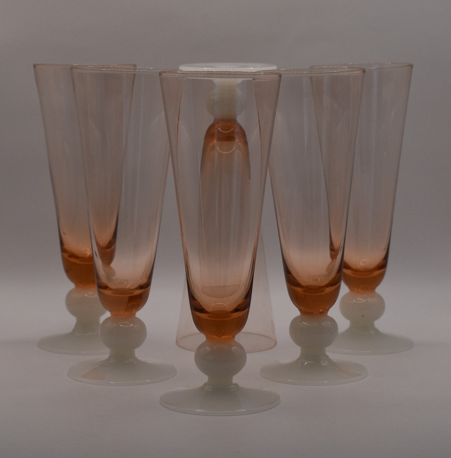 Vintage Coloured Champagne/Parfait Glasses with white ball stem and foot. Set of 6