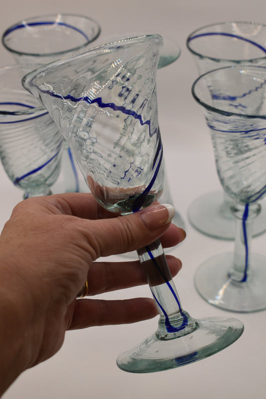 Hand blown Mexican style wine goblets with Cobalt Blue swirl. Set of 6
