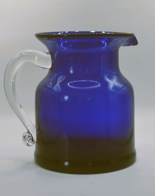 Handblown Art Glass Pitcher Vase Cobalt Blue with Clear applied handle