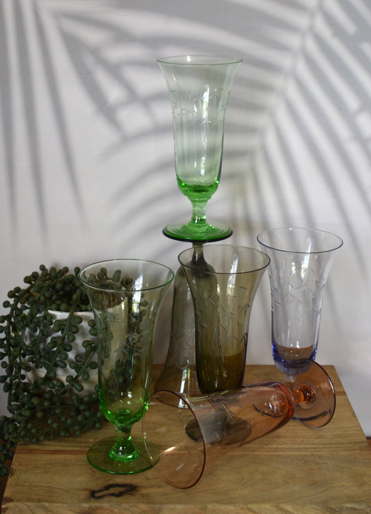 Vintage Blown Glass Ice Tea / Cocktail / Champagne Glasses with Bamboo etched Mofits. Set of 6