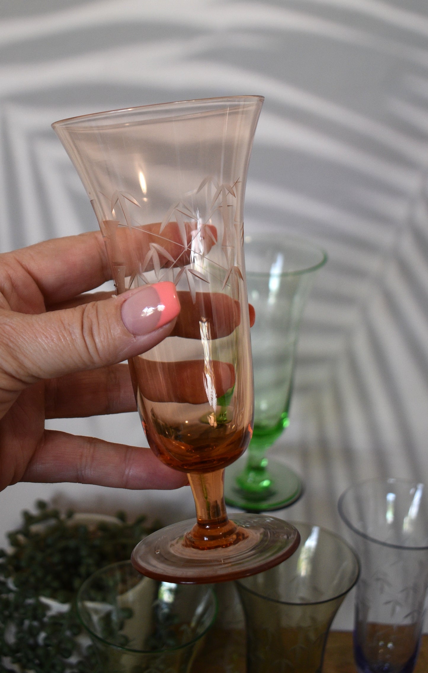 Vintage Blown Glass Ice Tea / Cocktail / Champagne Glasses with Bamboo etched Mofits. Set of 6