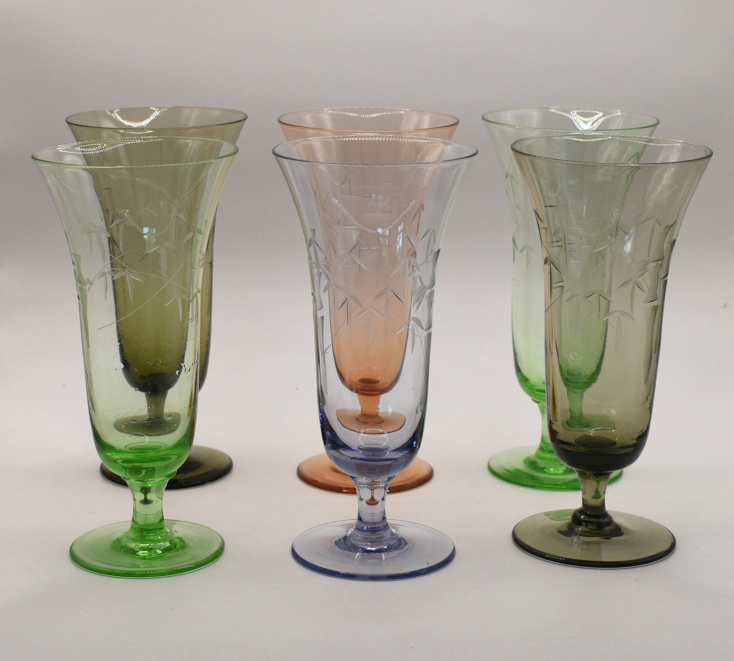 Vintage Blown Glass Ice Tea / Cocktail / Champagne Glasses with Bamboo etched Mofits. Set of 6