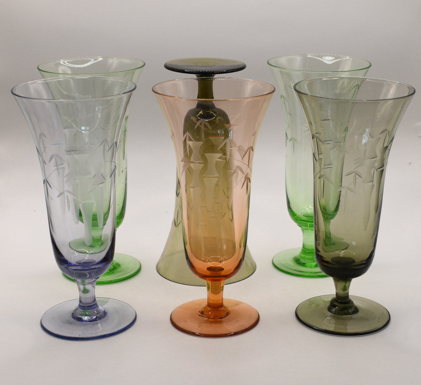Vintage Blown Glass Ice Tea / Cocktail / Champagne Glasses with Bamboo etched Mofits. Set of 6
