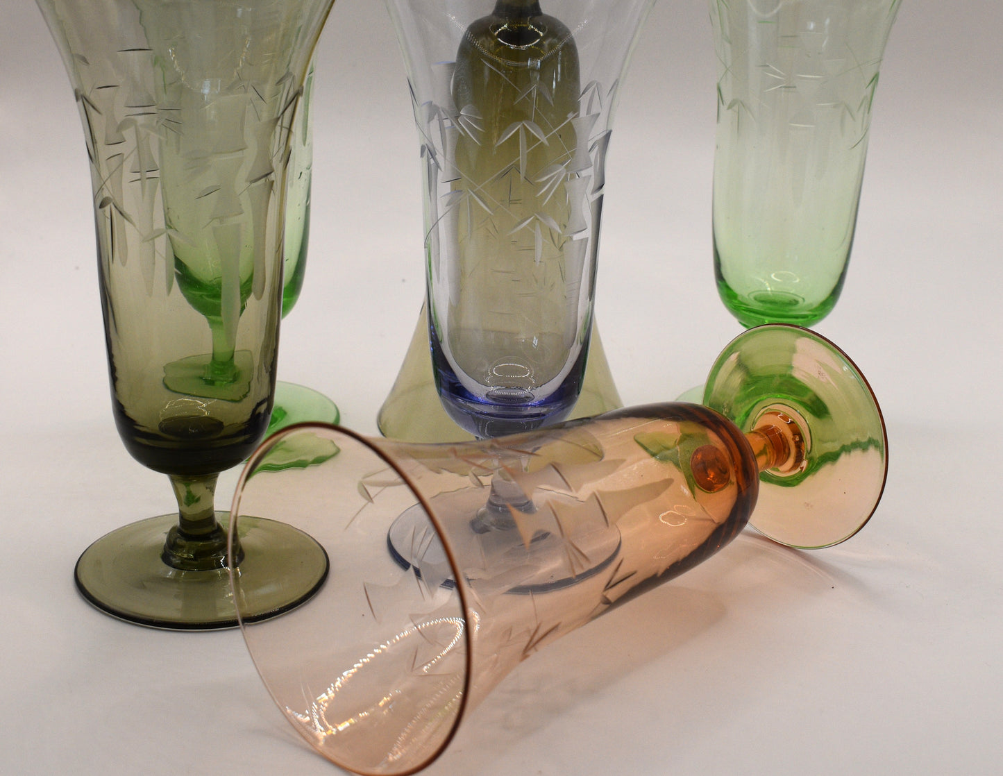 Vintage Blown Glass Ice Tea / Cocktail / Champagne Glasses with Bamboo etched Mofits. Set of 6