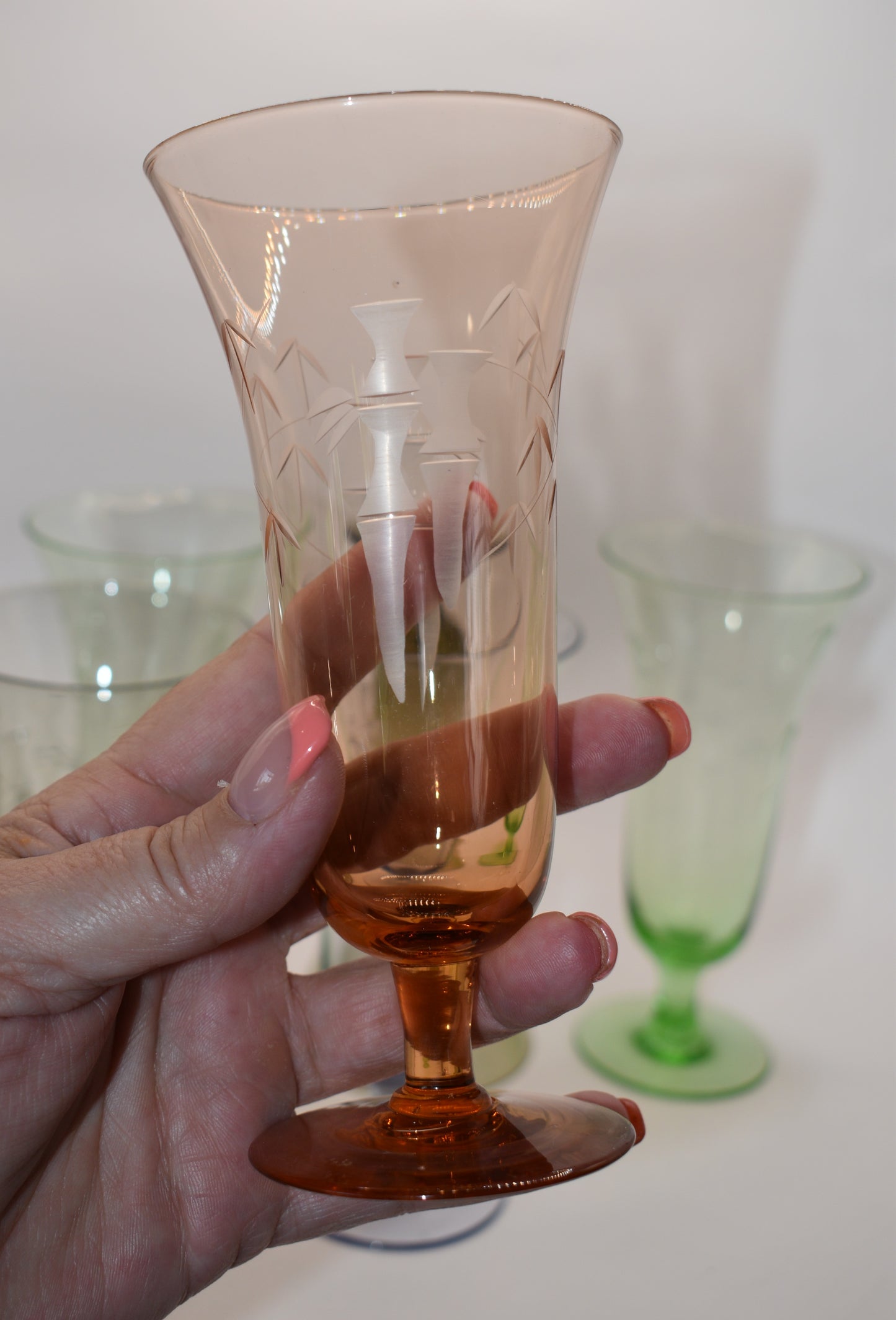 Vintage Blown Glass Ice Tea / Cocktail / Champagne Glasses with Bamboo etched Mofits. Set of 6