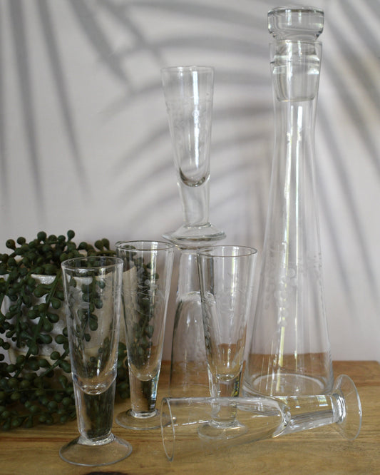 Vintage etched Grape mofit Blown Glass Decanter w/stopper and 6 footed shot glasses.