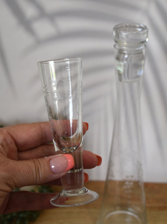 Vintage etched Grape mofit Blown Glass Decanter w/stopper and 6 footed shot glasses.