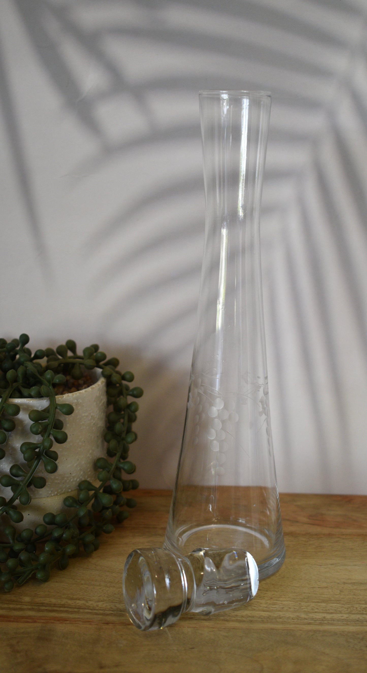 Vintage etched Grape mofit Blown Glass Decanter w/stopper and 6 footed shot glasses.
