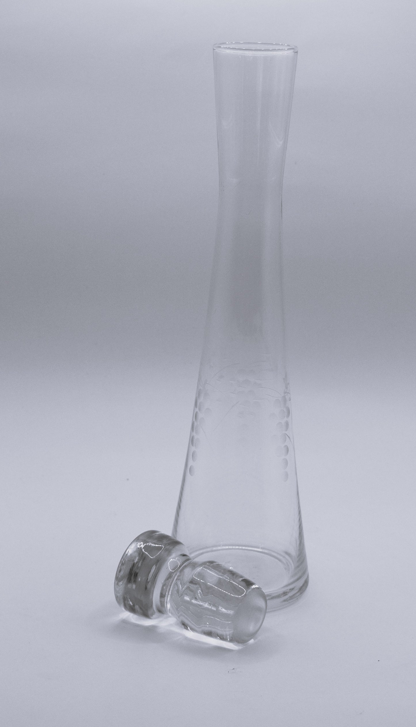 Vintage etched Grape mofit Blown Glass Decanter w/stopper and 6 footed shot glasses.