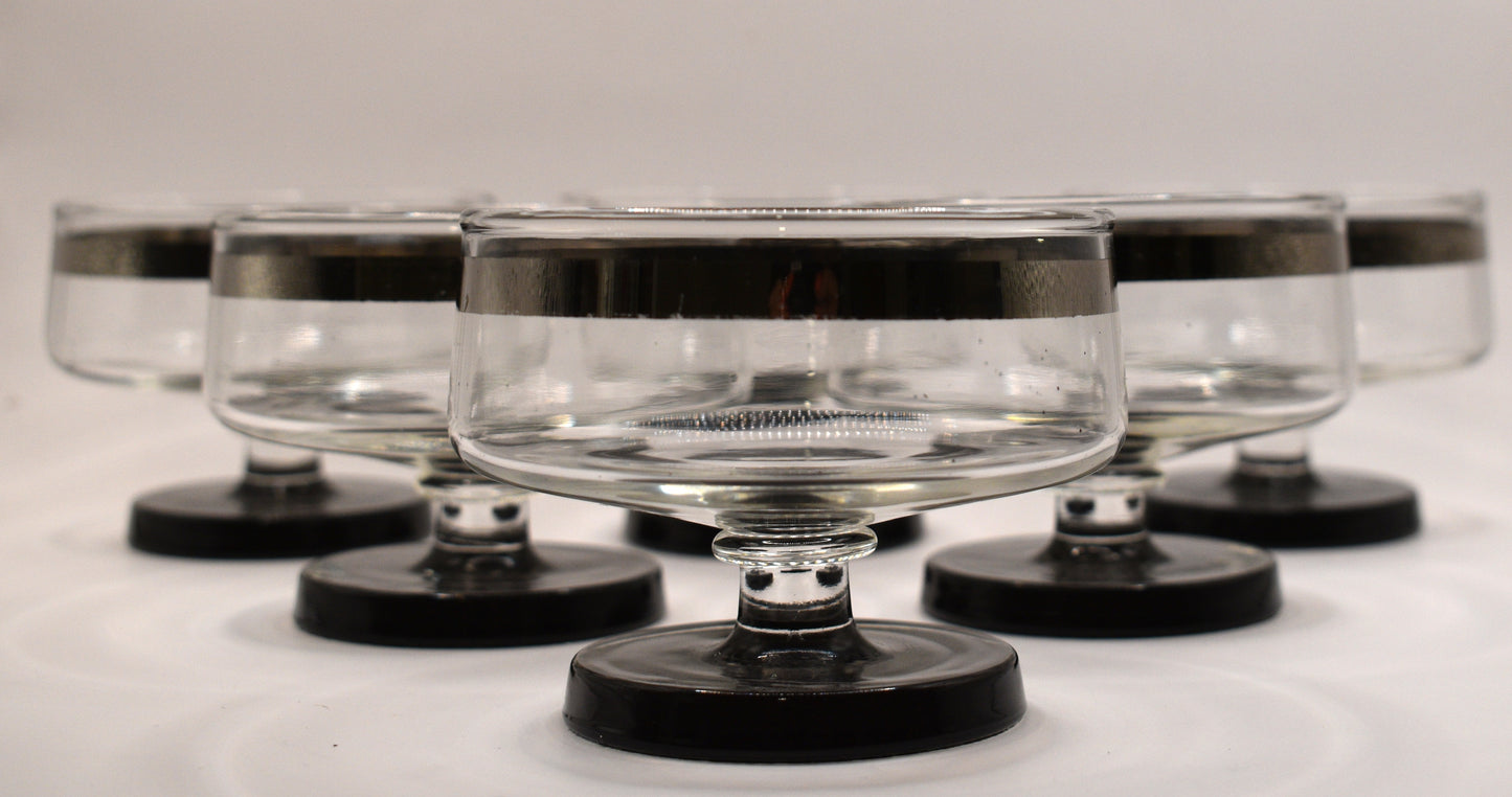 Mid Century Platinum Banded Clear Glass Champagne Coupe with short stem & Black foot. Set of 6