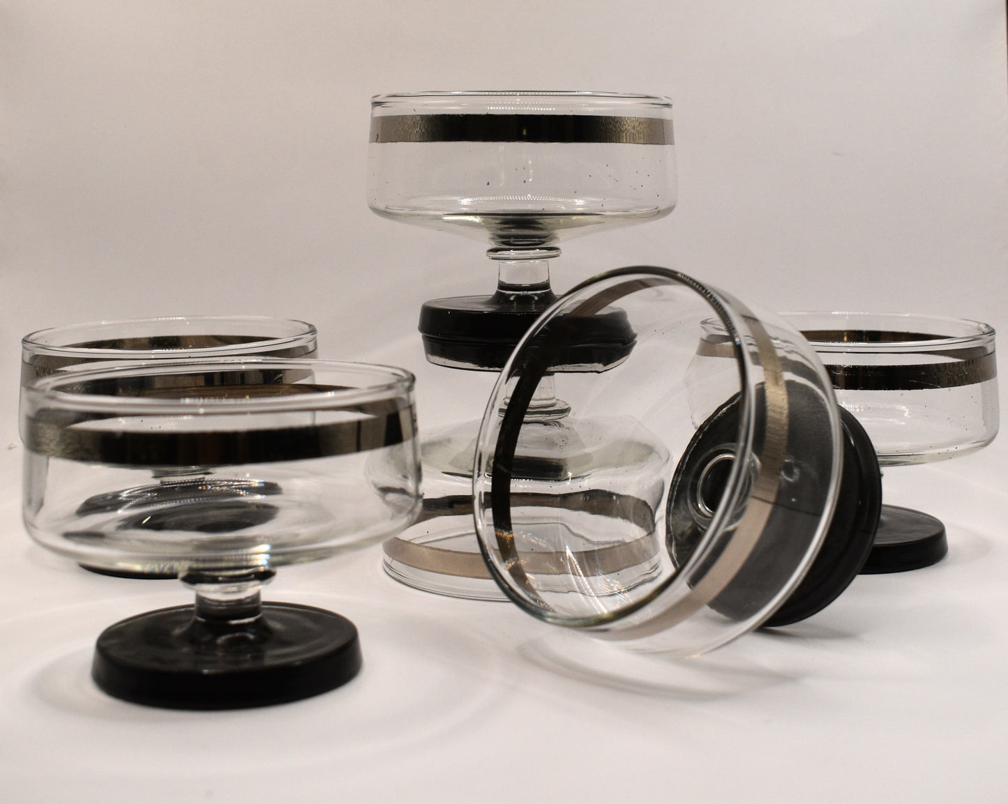 Mid Century Platinum Banded Clear Glass Champagne Coupe with short stem & Black foot. Set of 6