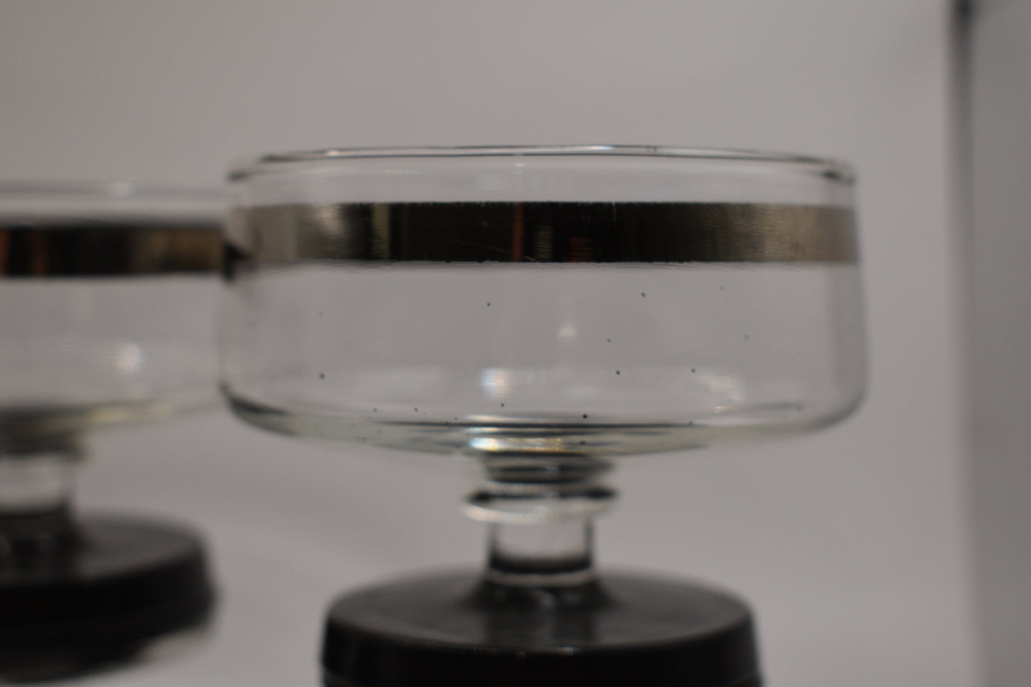 Mid Century Platinum Banded Clear Glass Champagne Coupe with short stem & Black foot. Set of 6