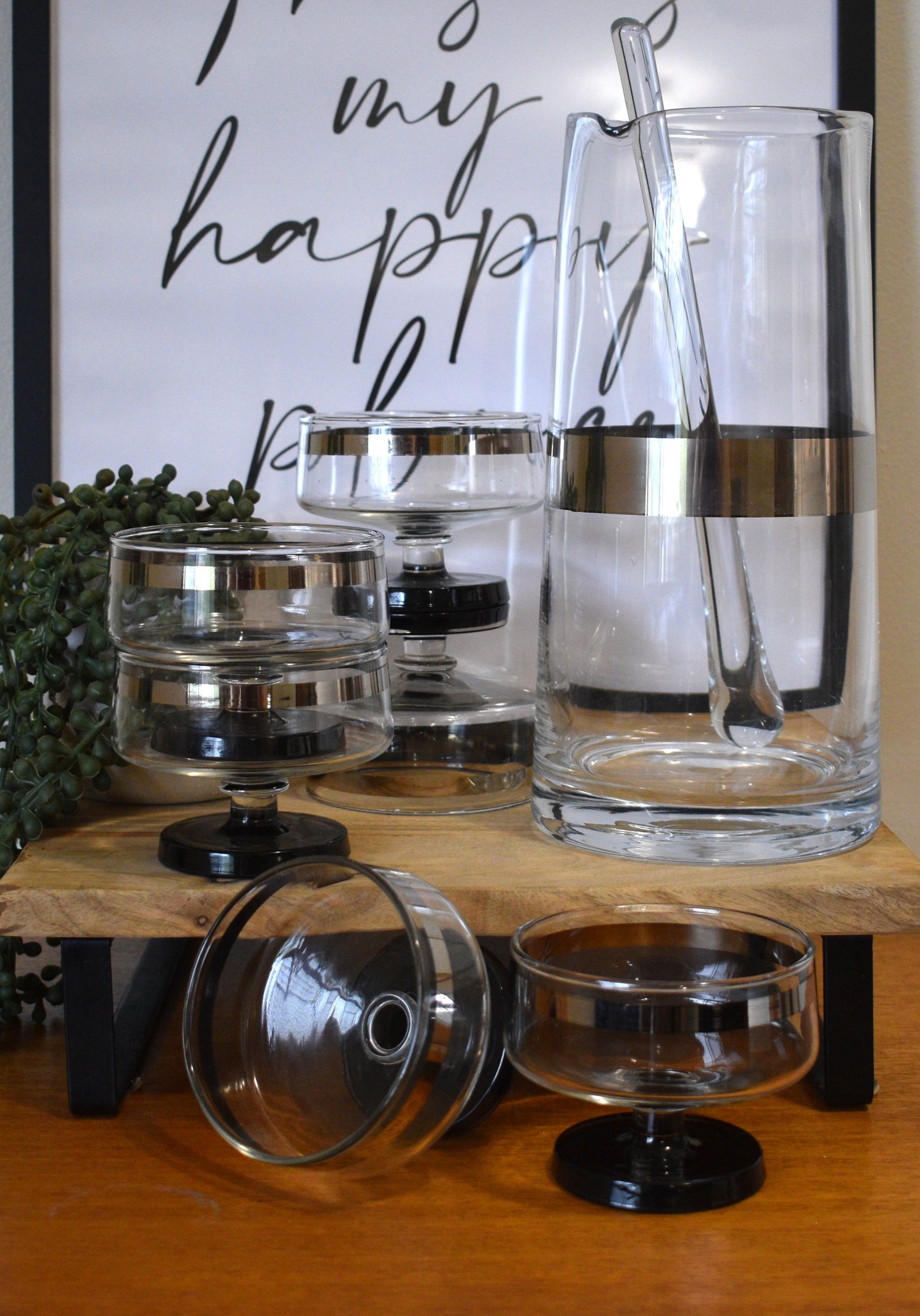 Mid Century Platinum Banded Clear Glass Champagne Coupe with short stem & Black foot. Set of 6