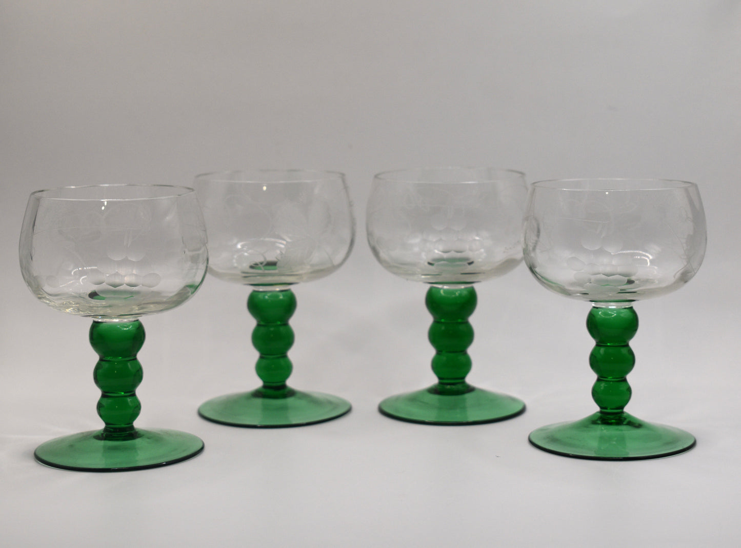 Vintage Austrian Roemer Wine Glasses. Emerald Green Ball Stems. Set of 4