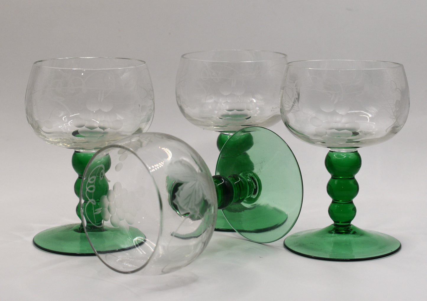 Vintage Austrian Roemer Wine Glasses. Emerald Green Ball Stems. Set of 4