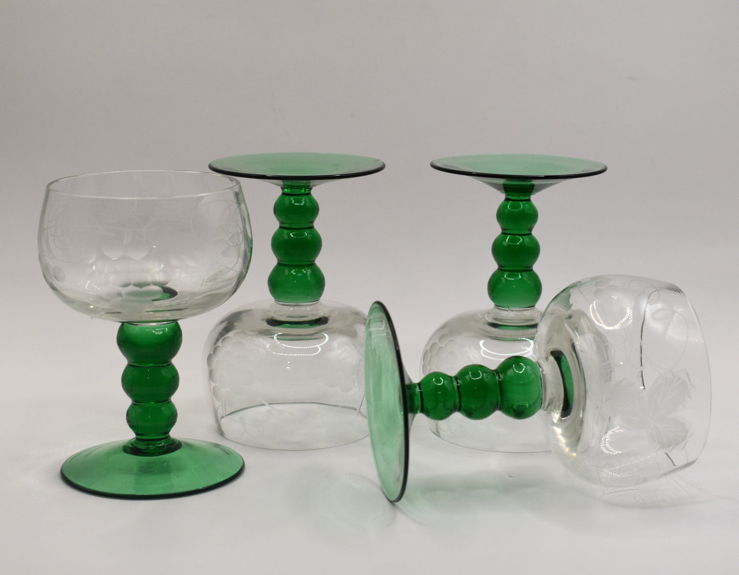 Vintage Austrian Roemer Wine Glasses. Emerald Green Ball Stems. Set of 4