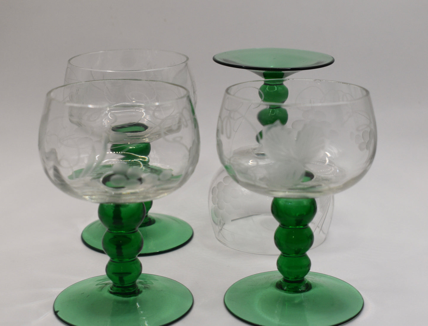 Vintage Austrian Roemer Wine Glasses. Emerald Green Ball Stems. Set of 4