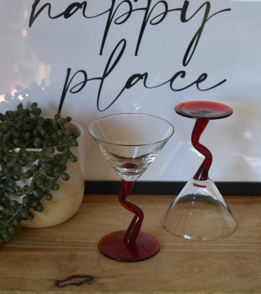 Set of 2 Zig Zag Red Stemmed Martini Glasses