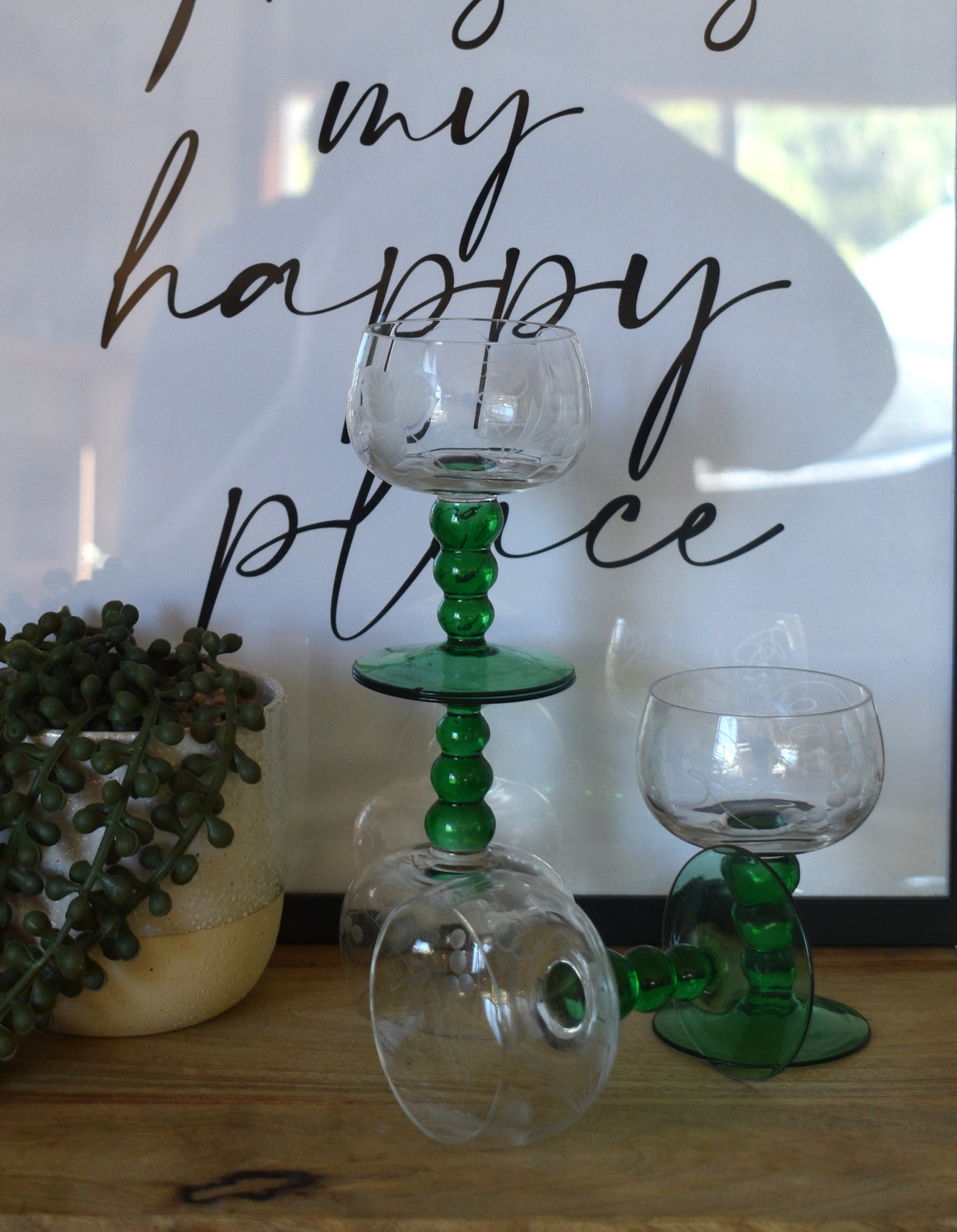 Vintage Austrian Roemer Wine Glasses. Emerald Green Ball Stems. Set of 4