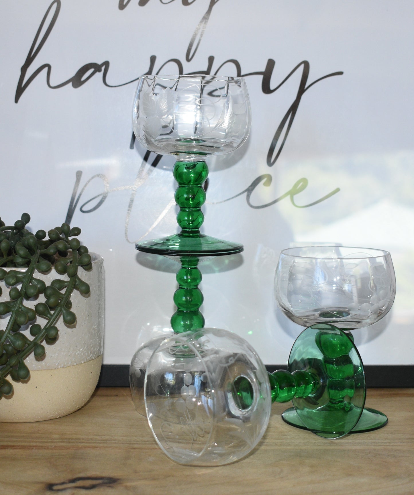 Vintage Austrian Roemer Wine Glasses. Emerald Green Ball Stems. Set of 4