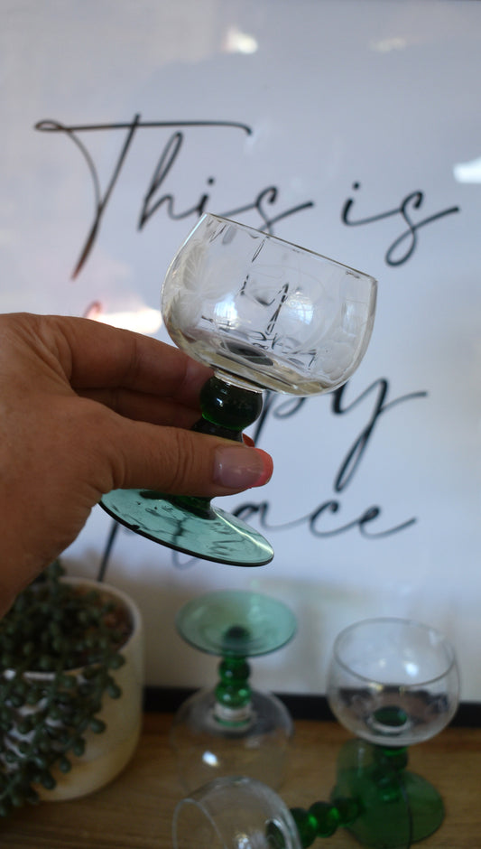 Vintage Austrian Roemer Wine Glasses. Emerald Green Ball Stems. Set of 4