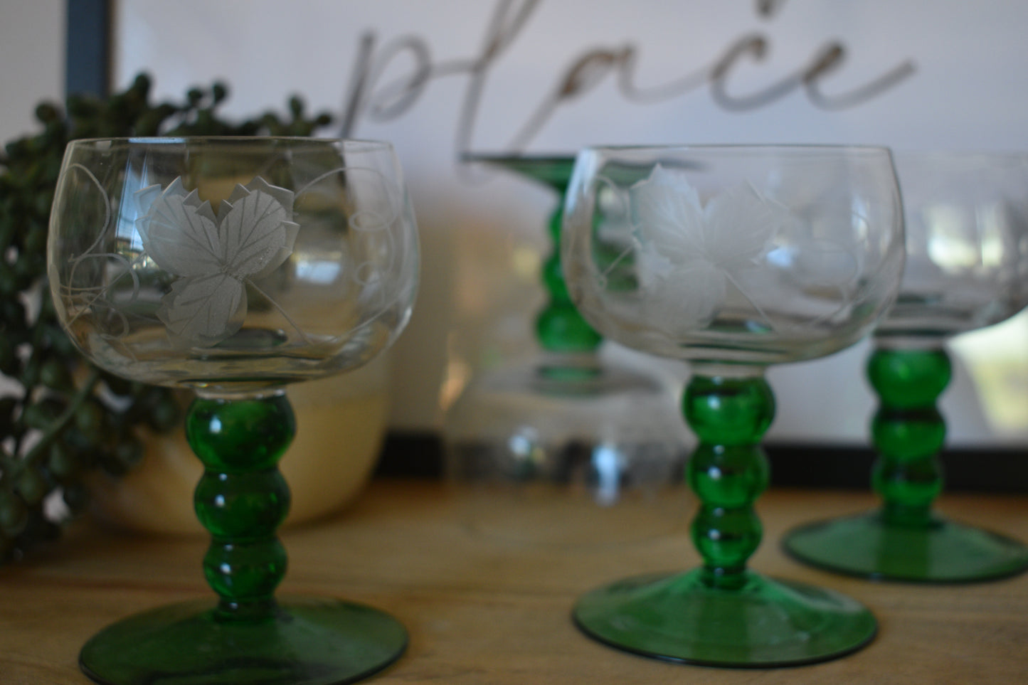 Vintage Austrian Roemer Wine Glasses. Emerald Green Ball Stems. Set of 4